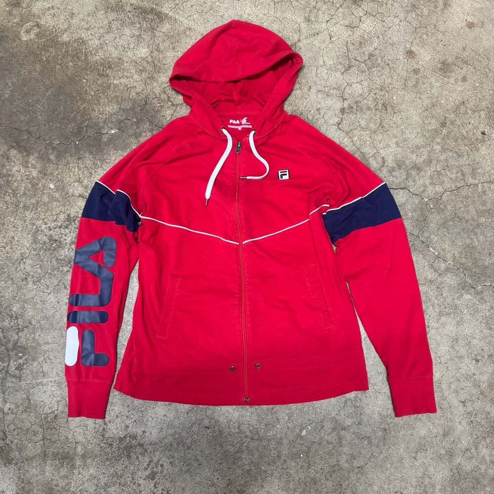 Fila Red Full Zip Hoodie with Navy and White Colorblock and Sleeve Logo